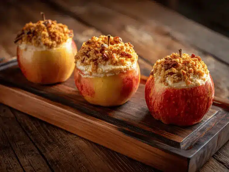 caramel pecan cheesecake stuffed baked apples - featured image
