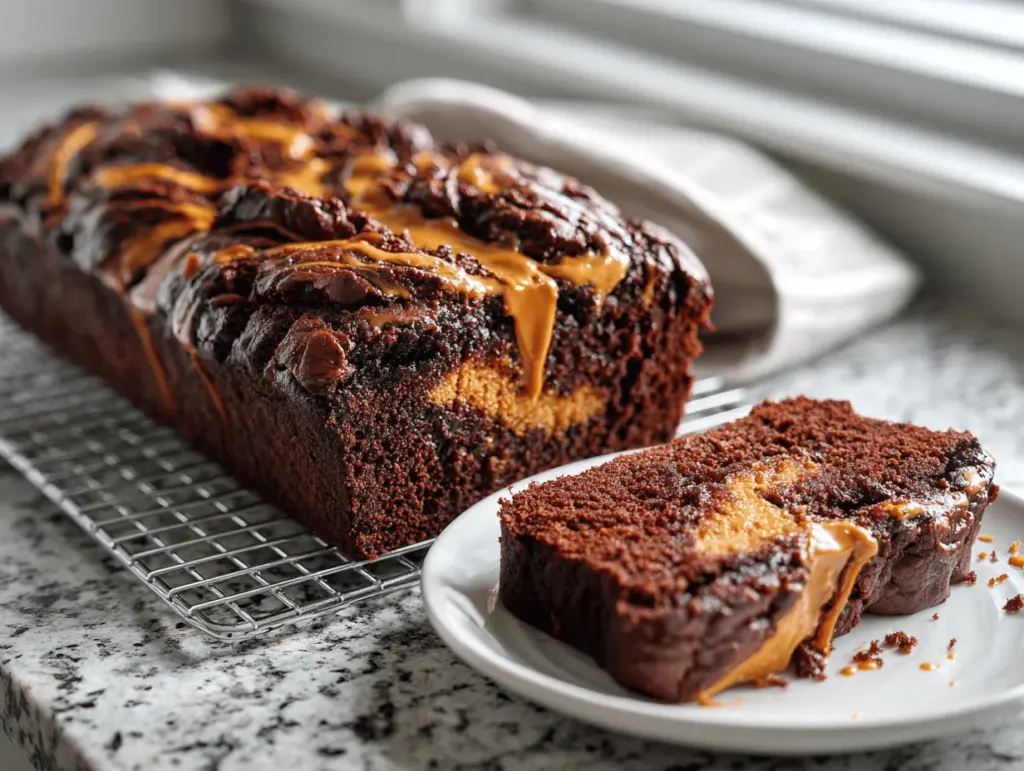 double chocolate peanut butter swirl brownie bread - featured image