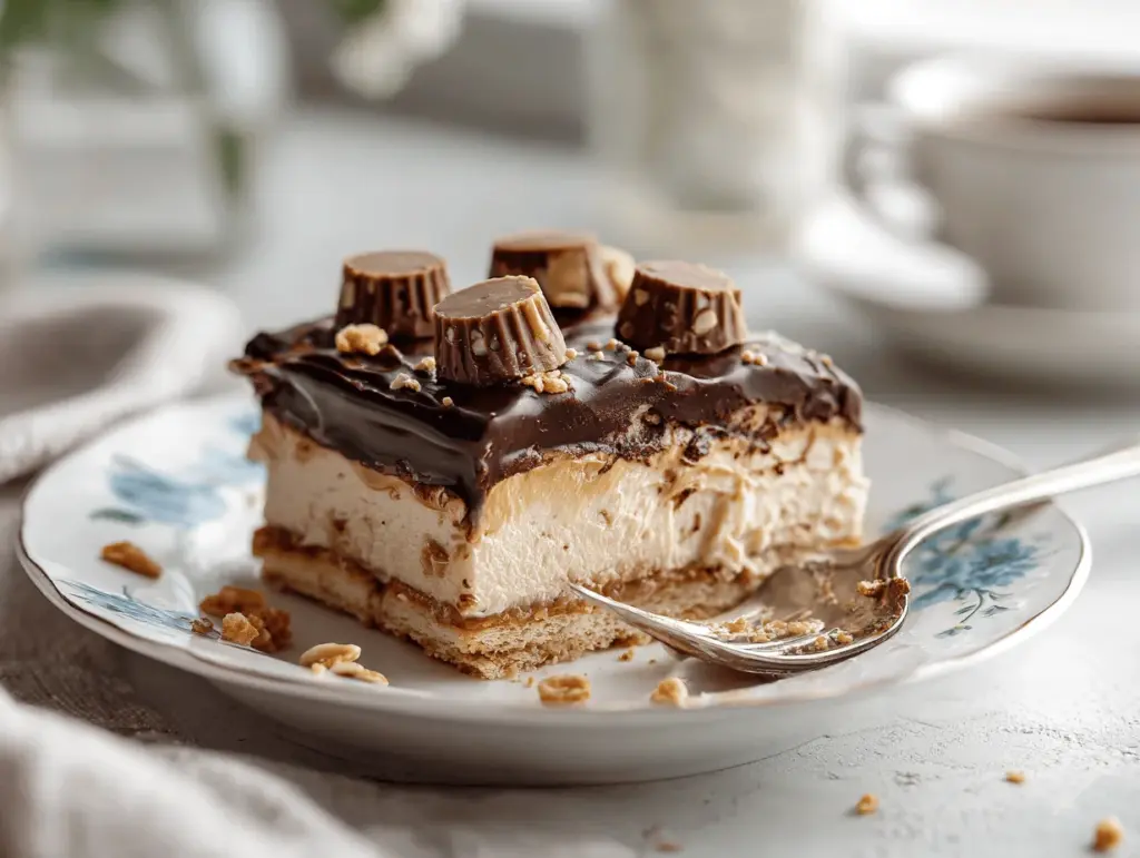 no-bake peanut butter cup eclair cake - featured image