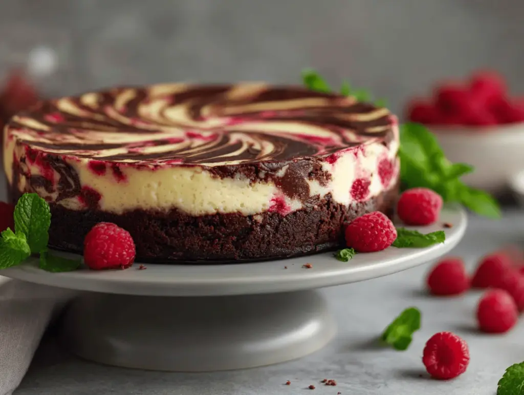 Raspberry Swirl Brownie Cheesecake Layer Cake - featured image