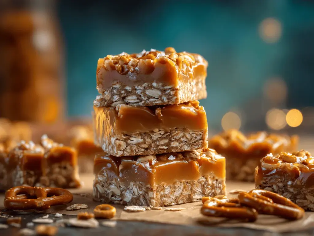 salted caramel pretzel oat bars - featured image
