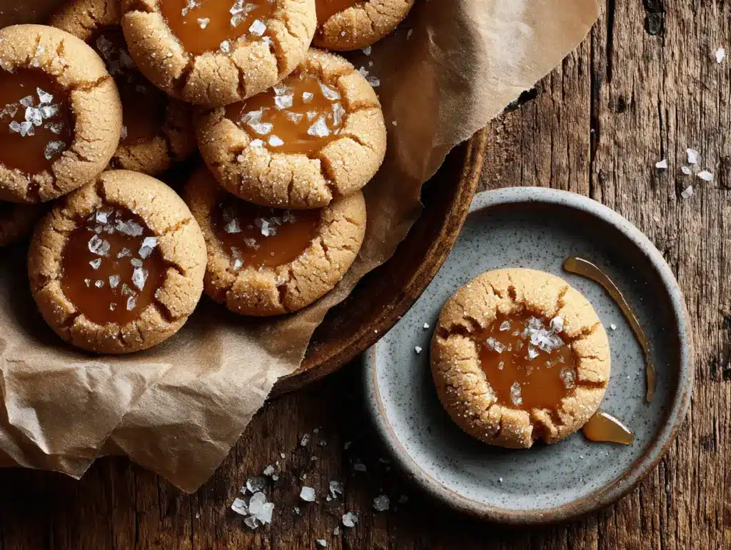 salted caramel thumbprint cookies - featured image