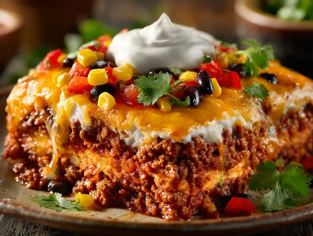 layered burrito casserole - featured image
