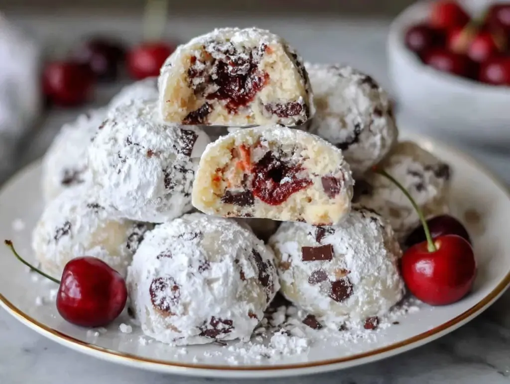 chocolate cherry snowball cookies - featured image