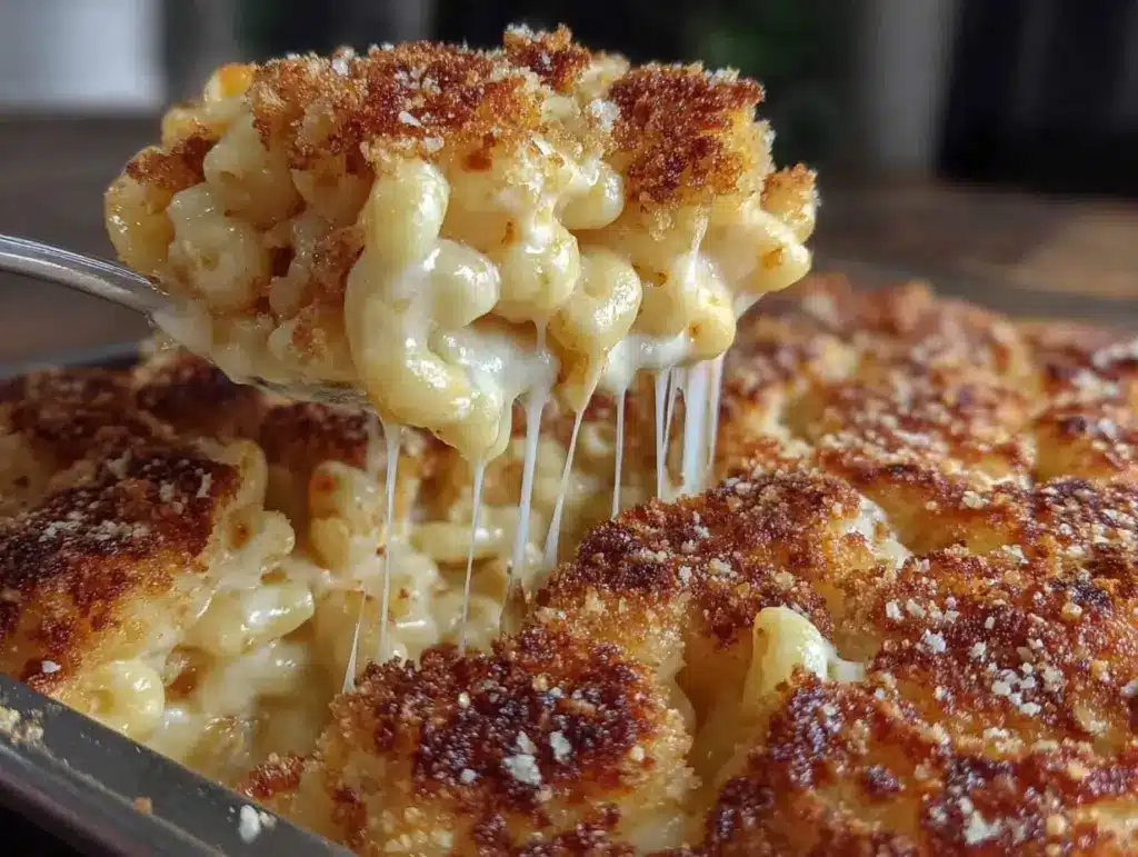 creamy baked mac and cheese casserole - featured image