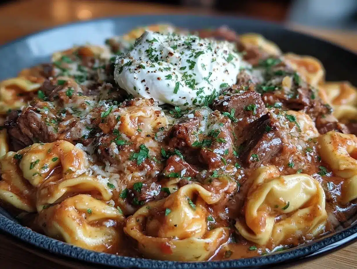 Creamy Beef Stroganoff Tortellini Bake preparation steps