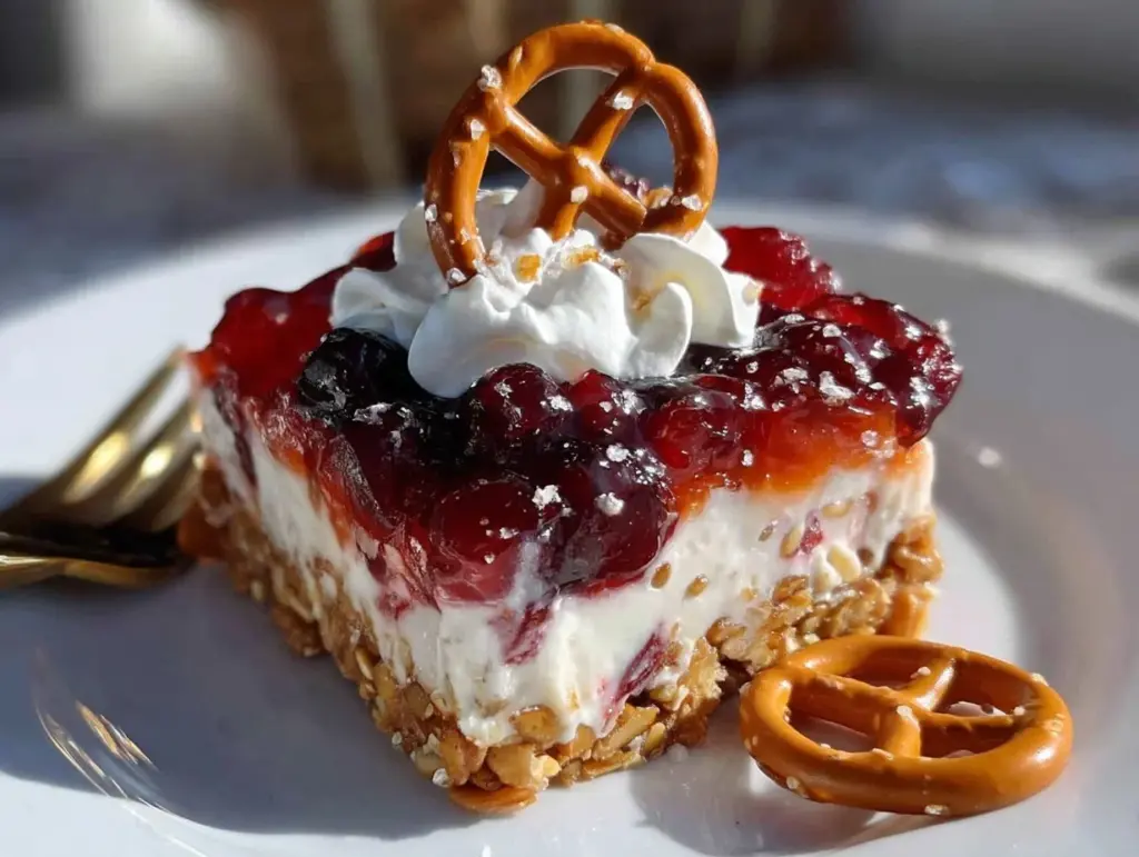 creamy cranberry pretzel salad - featured image