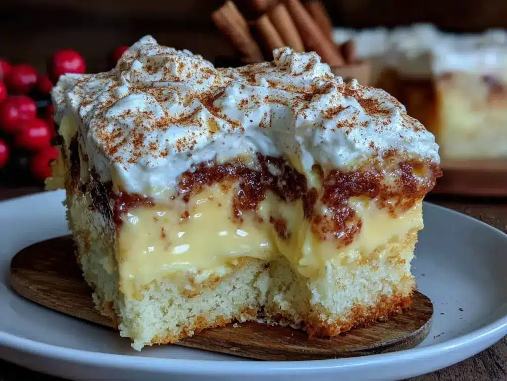 creamy eggnog poke cake - featured image