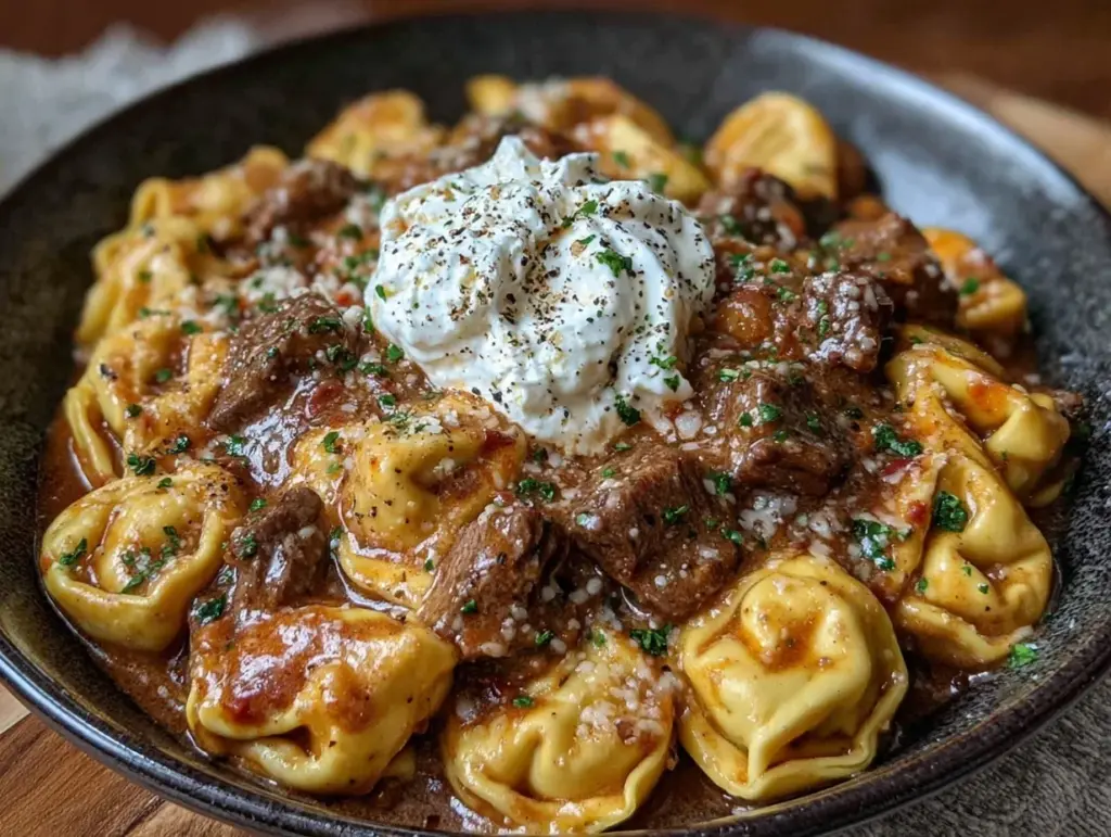 creamy skillet beef stroganoff tortellini - featured image