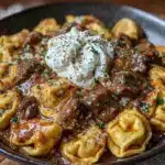 creamy skillet beef stroganoff tortellini - featured image