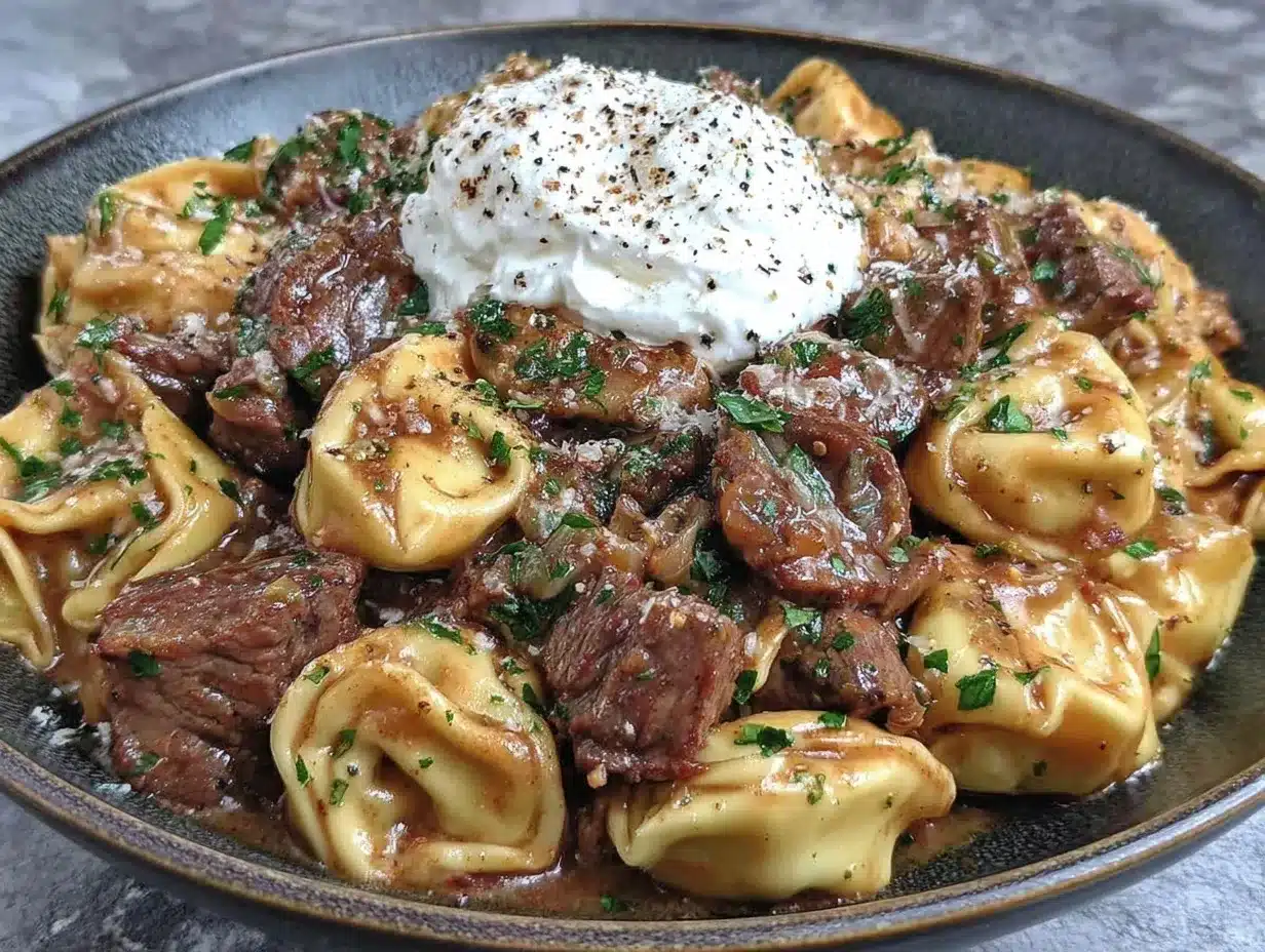 creamy skillet beef stroganoff tortellini preparation steps