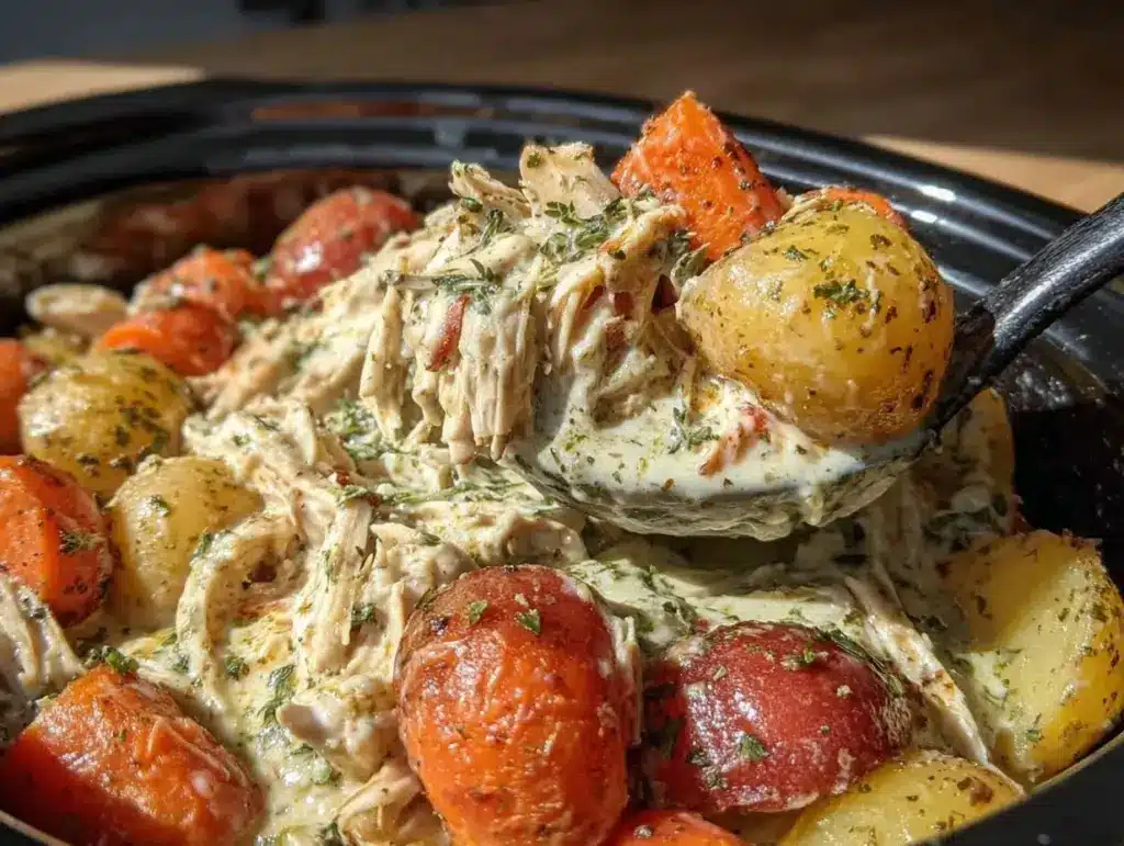 creamy slow cooker ranch chicken and vegetables - featured image