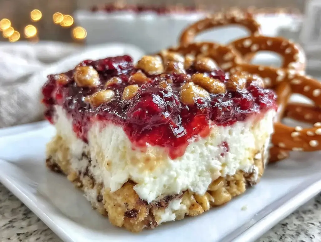 crispy raspberry pretzel salad - featured image