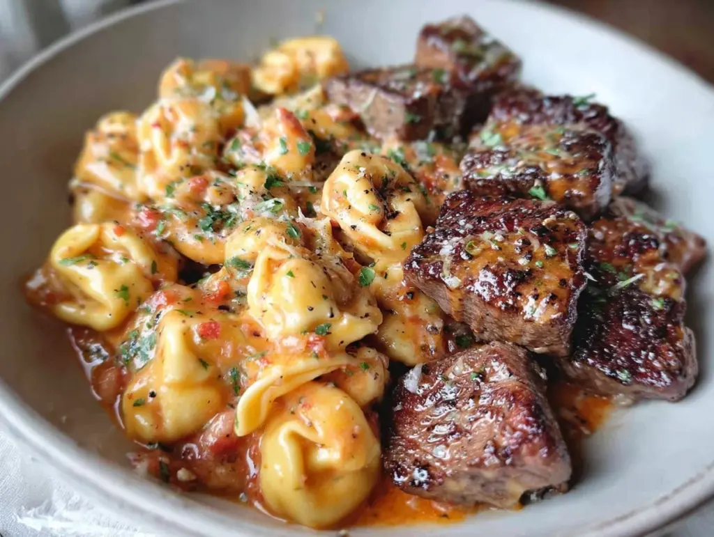 garlic butter steak bites and cheese tortellini skillet - featured image
