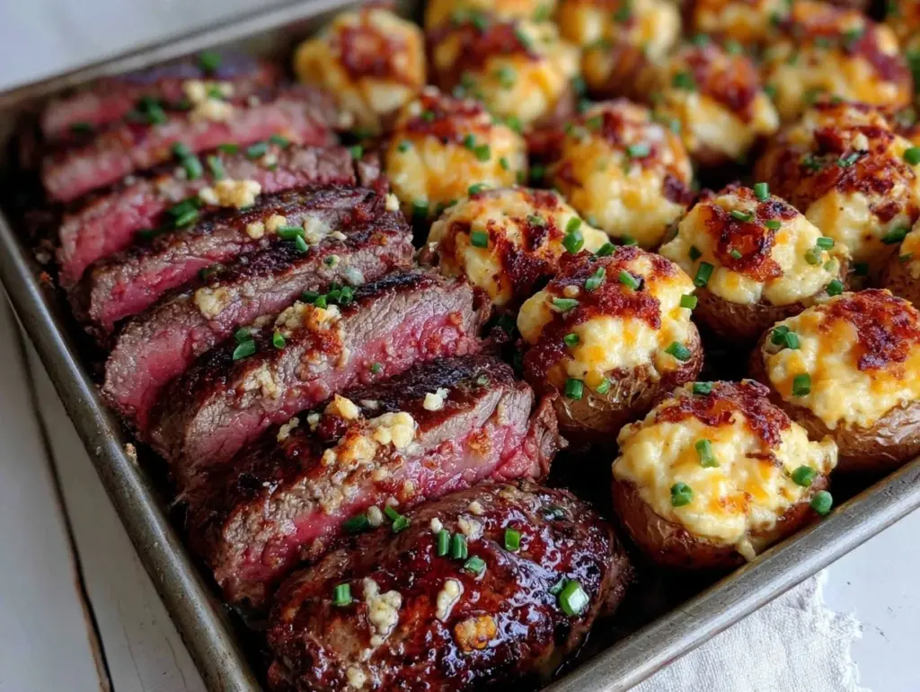 loaded garlic butter steak sheet pan dinner - featured image
