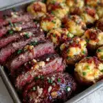 loaded garlic butter steak sheet pan dinner - featured image