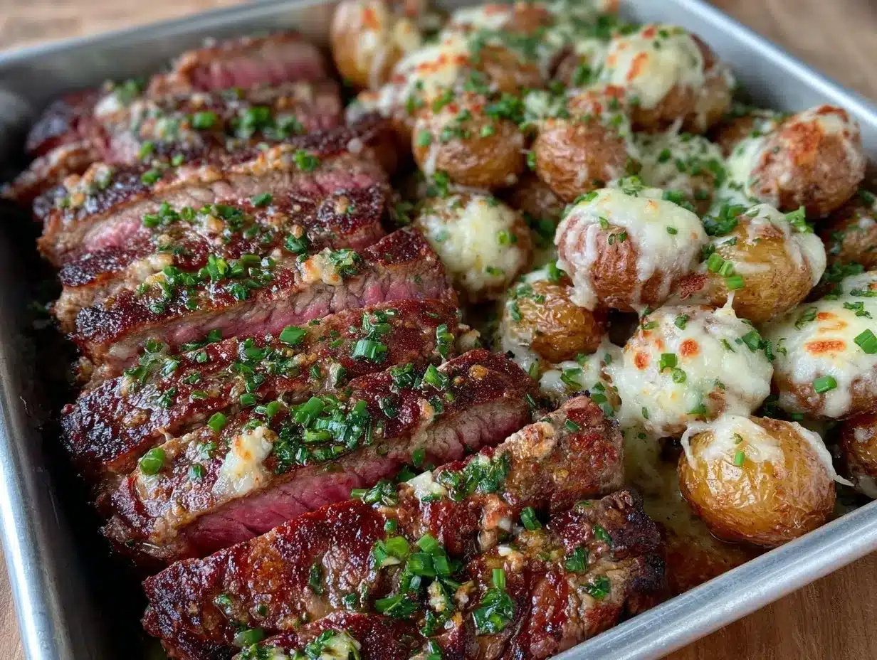 loaded garlic butter steak sheet pan dinner preparation steps