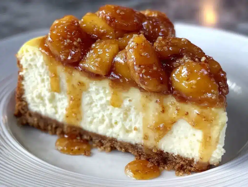 peach cobbler cheesecake slice - featured image