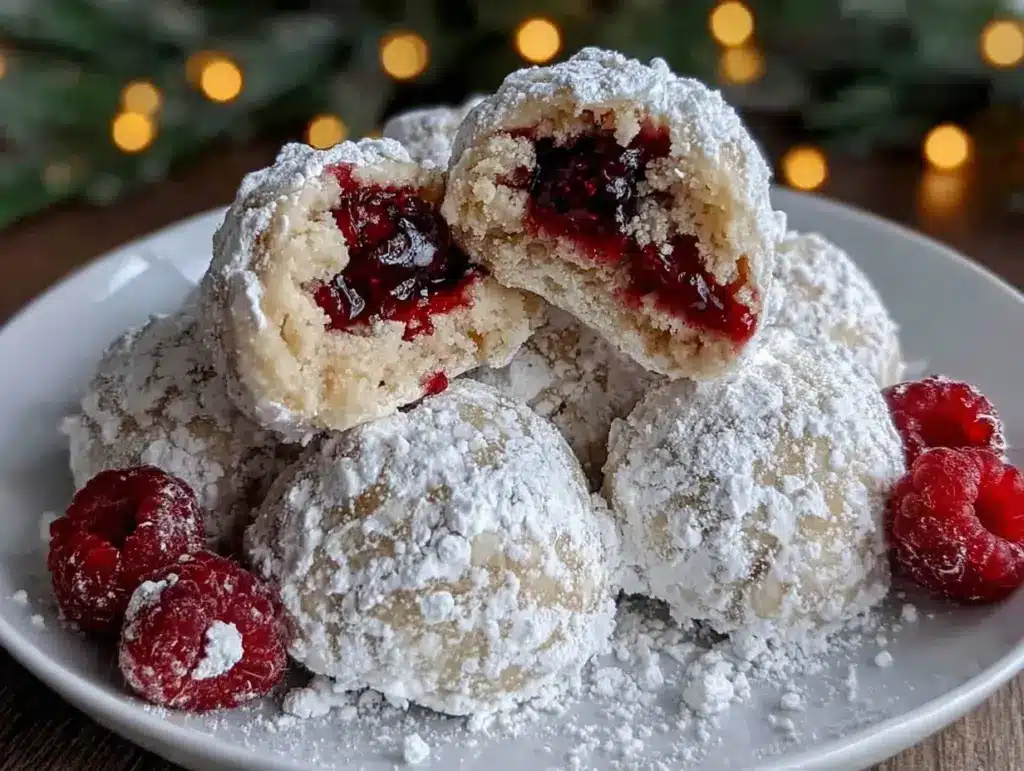 raspberry almond snowball cookies - featured image