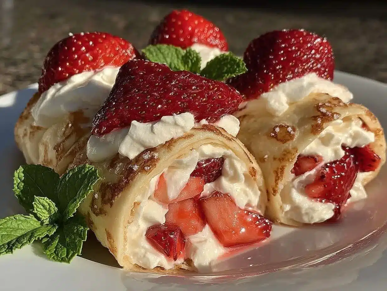 Strawberry cream stuffed pancake rolls preparation steps
