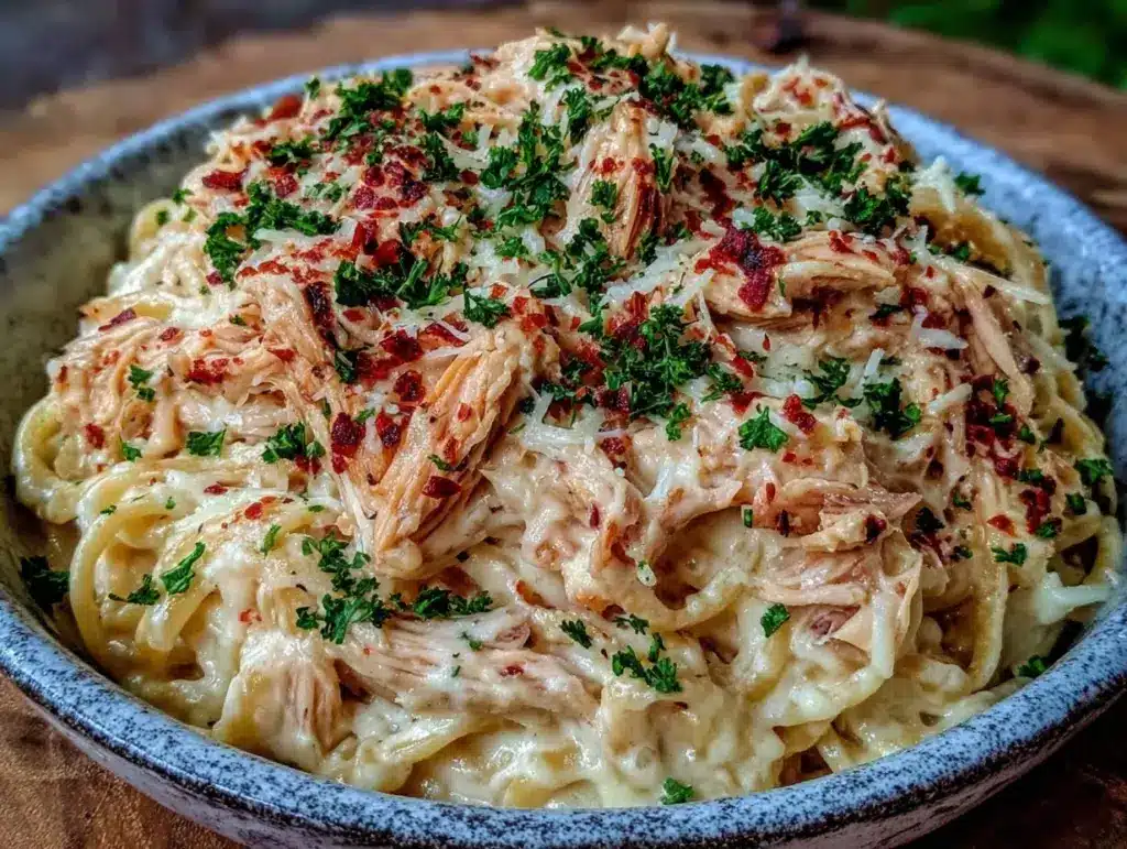 creamy crockpot chicken alfredo - featured image