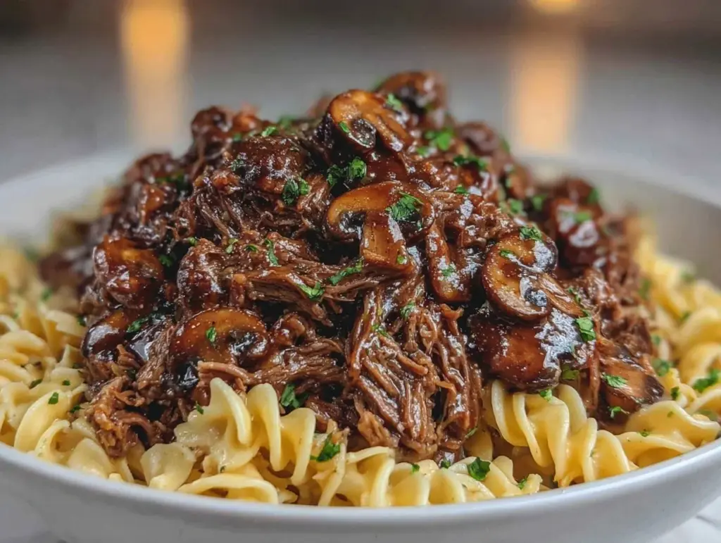creamy slow cooker beef stroganoff - featured image