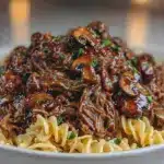 creamy slow cooker beef stroganoff - featured image