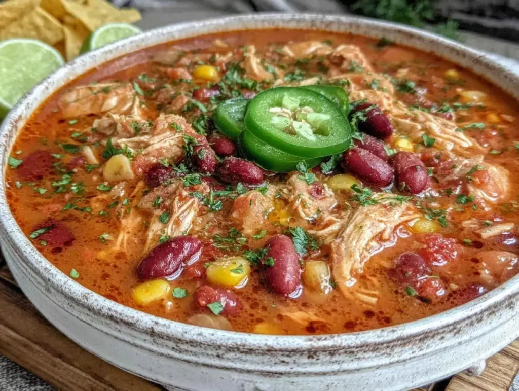 easy creamy crockpot chicken taco soup - featured image