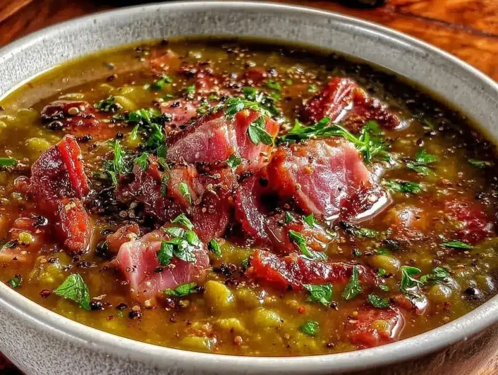 hearty creamy split pea soup with ham - featured image