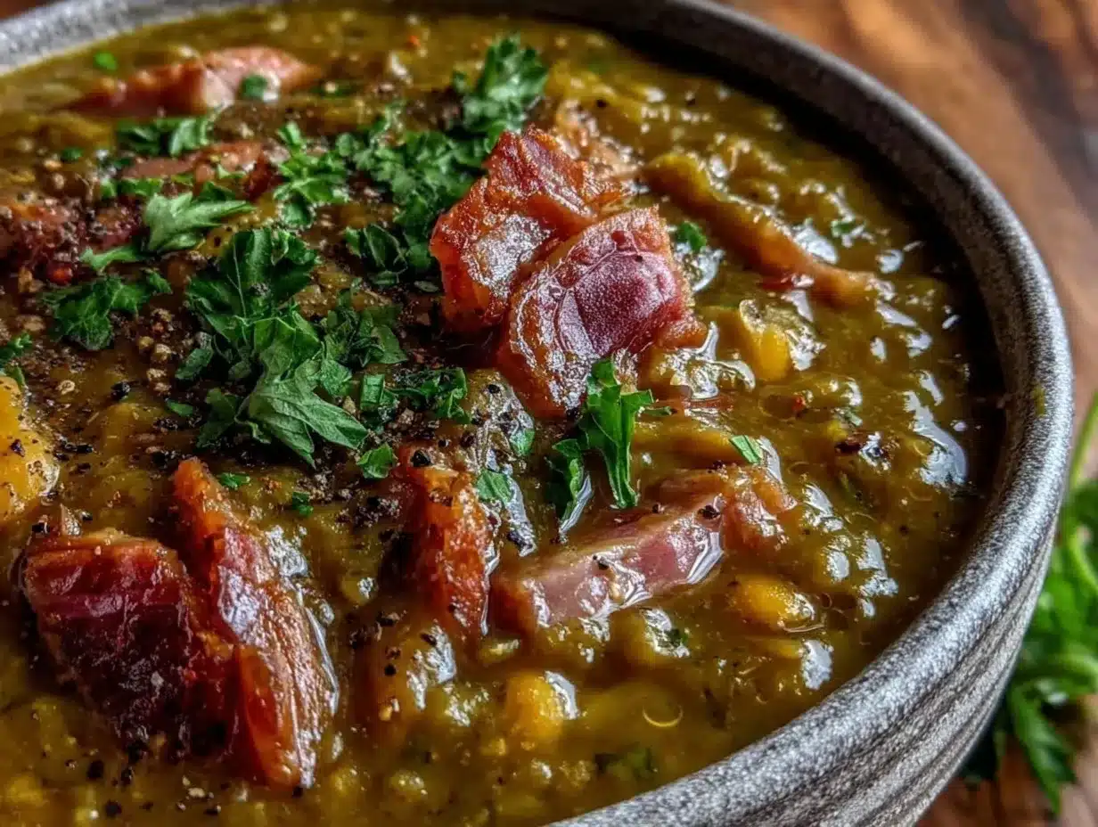 hearty creamy split pea soup with ham preparation steps