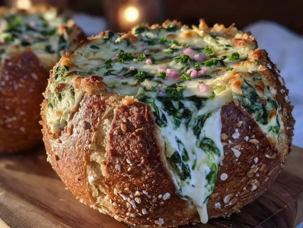 creamy spinach and artichoke stuffed bread bowl - featured image