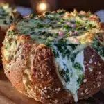creamy spinach and artichoke stuffed bread bowl - featured image