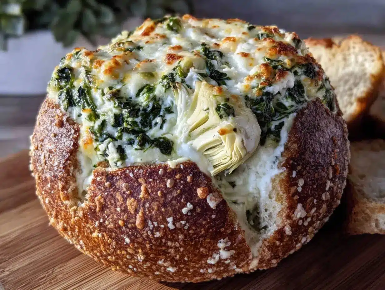 creamy spinach and artichoke stuffed bread bowl preparation steps