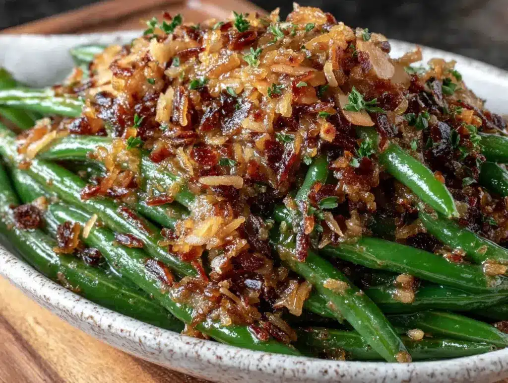 crispy brown butter green beans with almonds - featured image