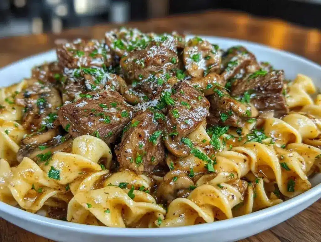 creamy beef stroganoff with egg noodles - featured image