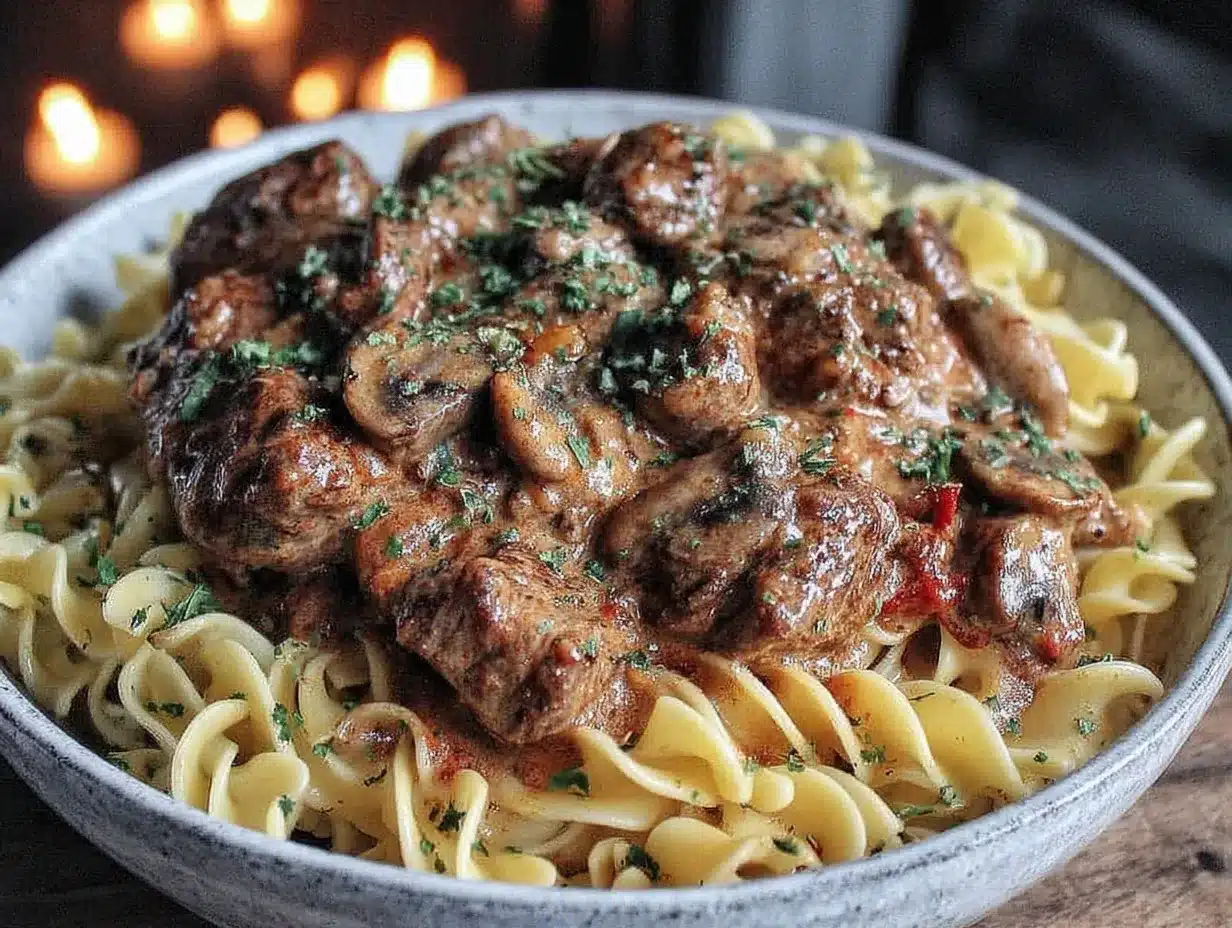 creamy beef stroganoff with egg noodles preparation steps