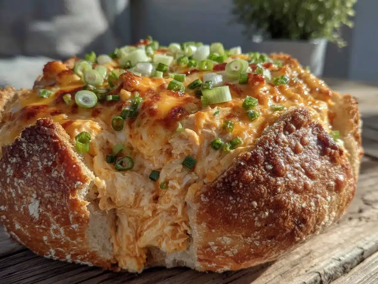 creamy buffalo chicken dip bread bowl preparation steps