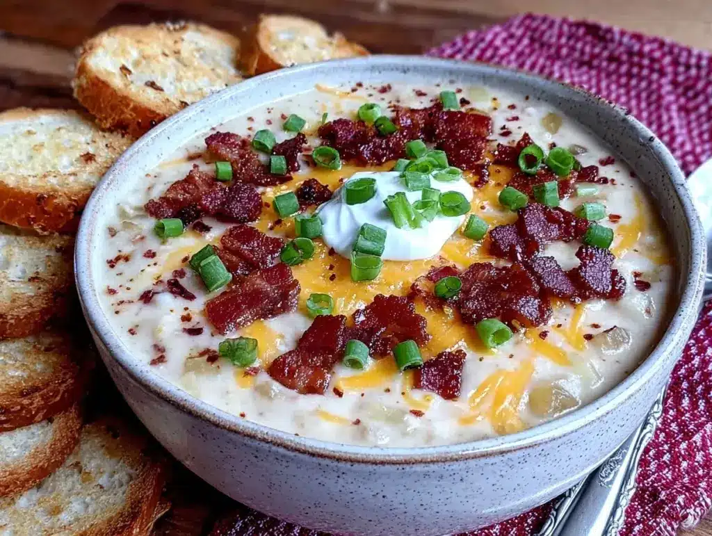 creamy loaded baked potato soup with bacon - featured image