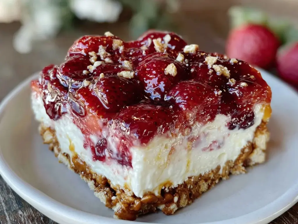creamy strawberry pretzel salad recipe - featured image