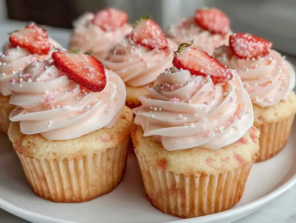 fluffy strawberry champagne cupcakes - featured image