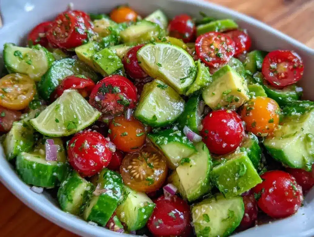 fresh cucumber tomato avocado salad with lime - featured image