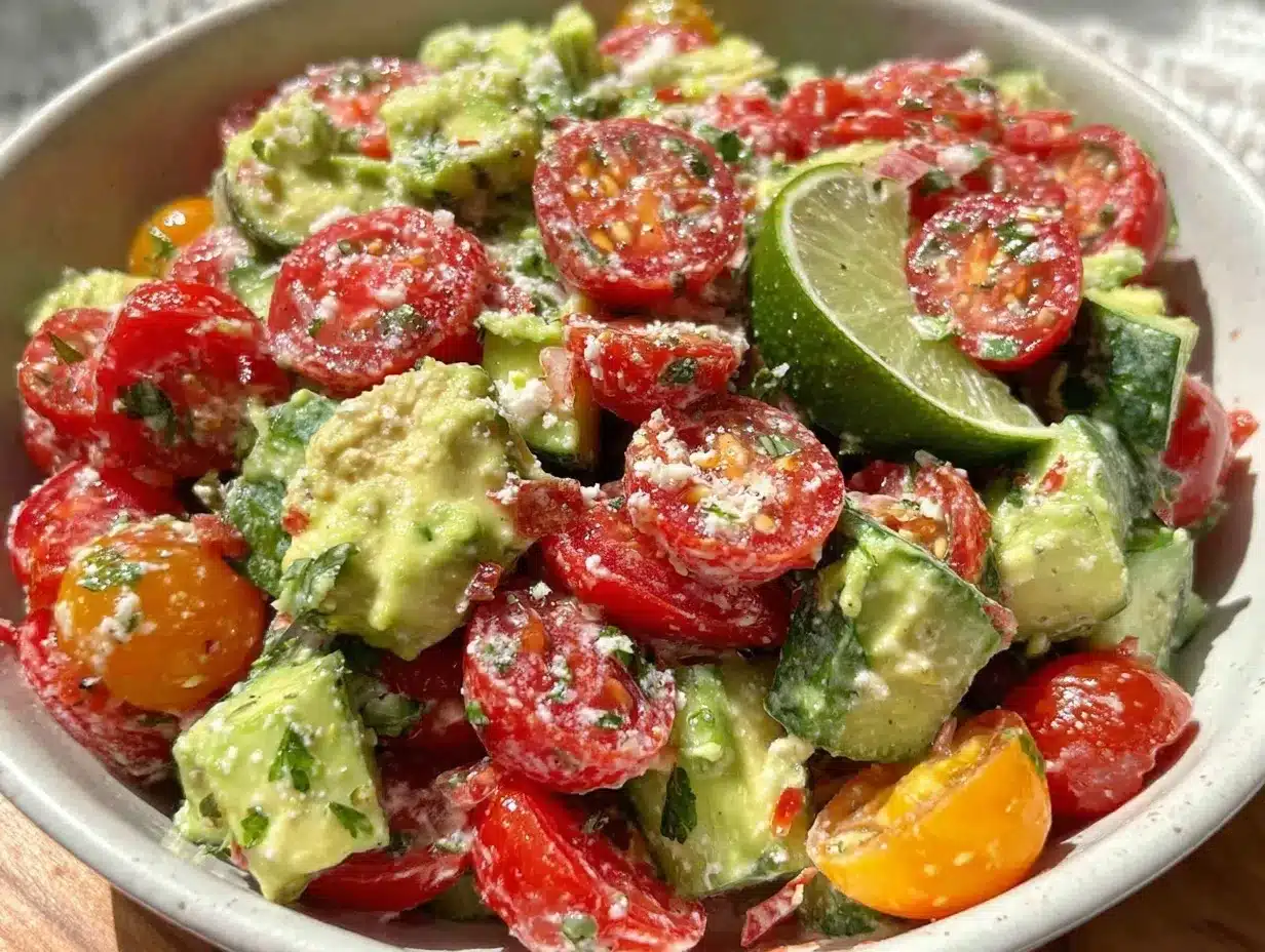fresh cucumber tomato avocado salad with lime preparation steps
