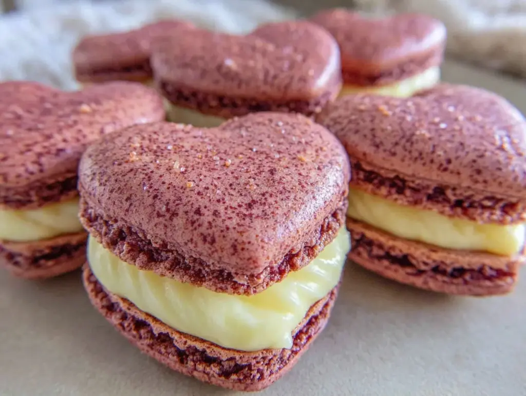 heart-shaped raspberry macarons - featured image