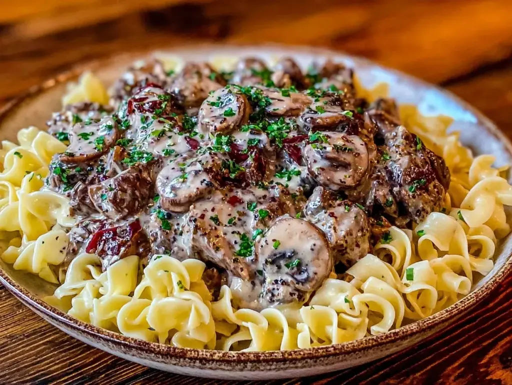 creamy crockpot beef stroganoff - featured image