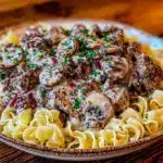 creamy crockpot beef stroganoff - featured image