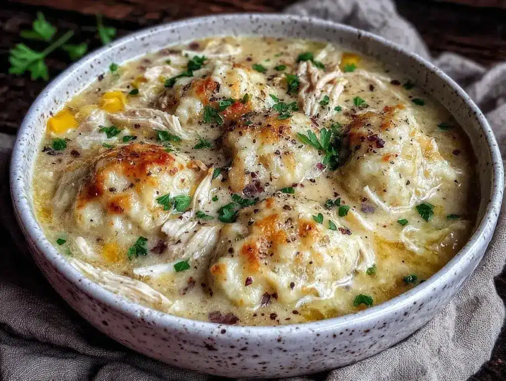 creamy crockpot chicken and dumpling soup - featured image