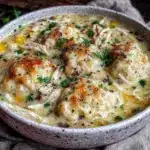creamy crockpot chicken and dumpling soup - featured image