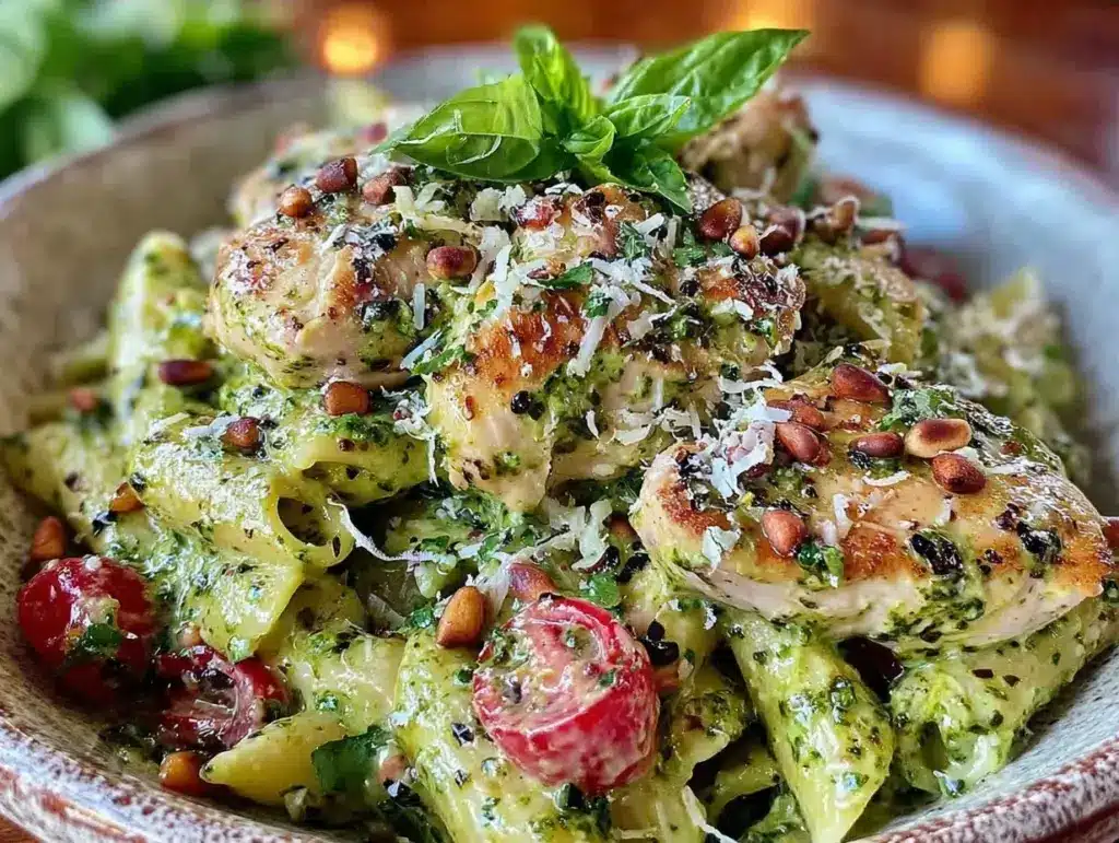 creamy crockpot chicken pesto pasta - featured image