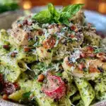 creamy crockpot chicken pesto pasta - featured image