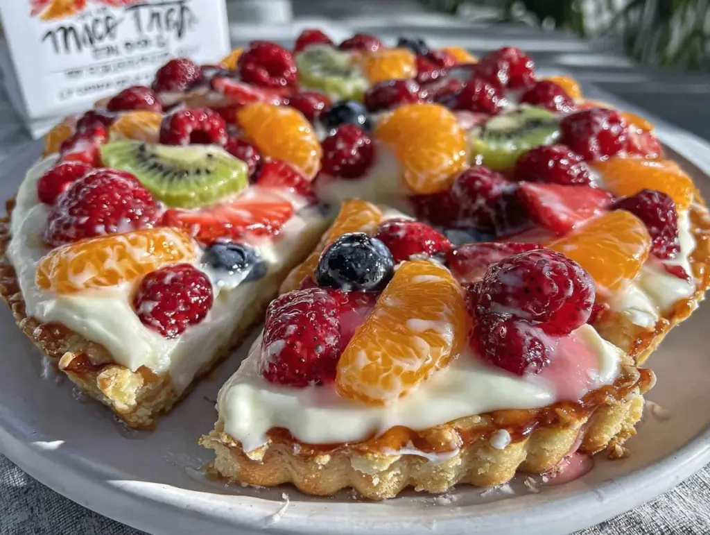 creamy fruit pizza on sugar cookie crust - featured image